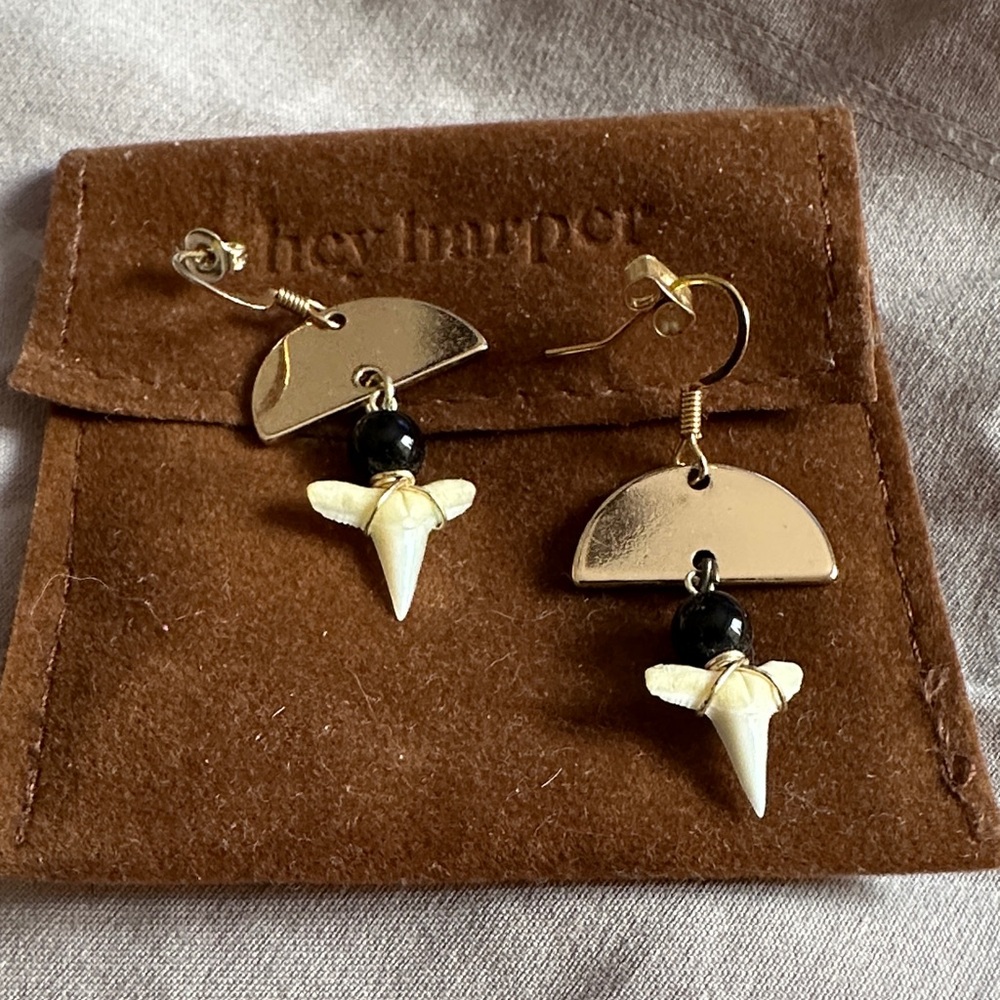 Gold Half-Moon & Black Bead Shark Tooth Drop Earrings